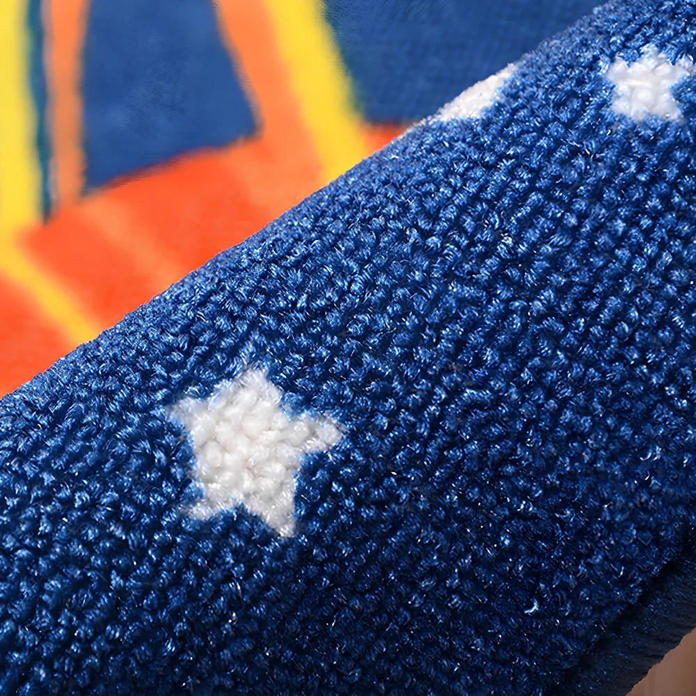 Dark blue rectangular kids carpet with space cartoon pattern measuring 1m by 1.37m