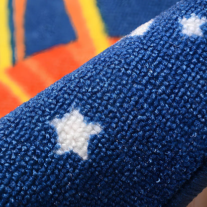 Dark blue rectangular kids carpet with space cartoon pattern measuring 1m by 1.37m