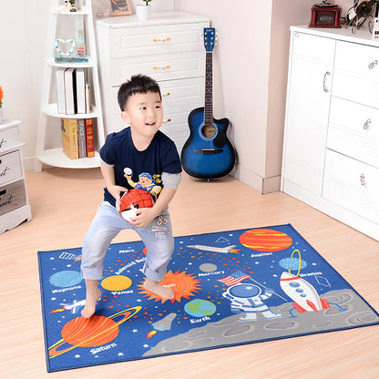 Dark blue rectangular kids carpet with space cartoon pattern measuring 1m by 1.37m