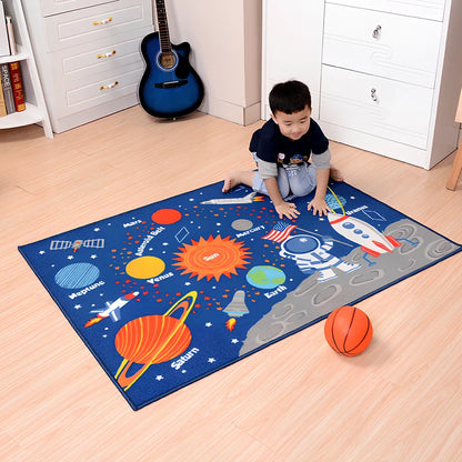 Dark blue rectangular kids carpet with space cartoon pattern measuring 1m by 1.37m