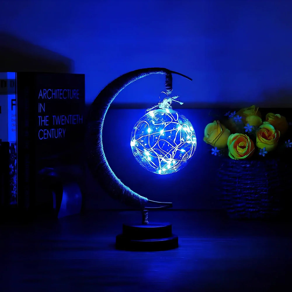 Star-shaped wrought iron LED decorative light with copper wire detailing and glass shell, measuring 280mm by 140mm by 130mm