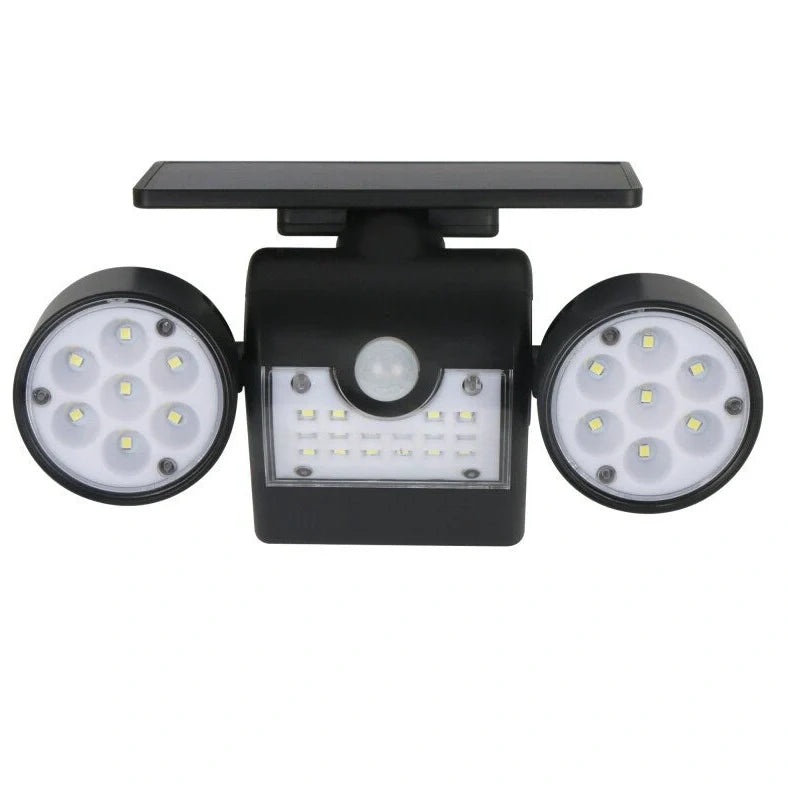 White solar garden light with two adjustable spotlight heads mounted on stake