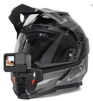 Black motorcycle helmet mount with silicone strap and stainless steel buckle for action cameras