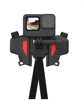 Black motorcycle helmet mount with silicone strap and stainless steel buckle for action cameras