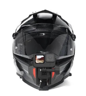 Black motorcycle helmet mount with silicone strap and stainless steel buckle for action cameras