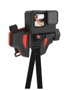 Black motorcycle helmet mount with silicone strap and stainless steel buckle for action cameras