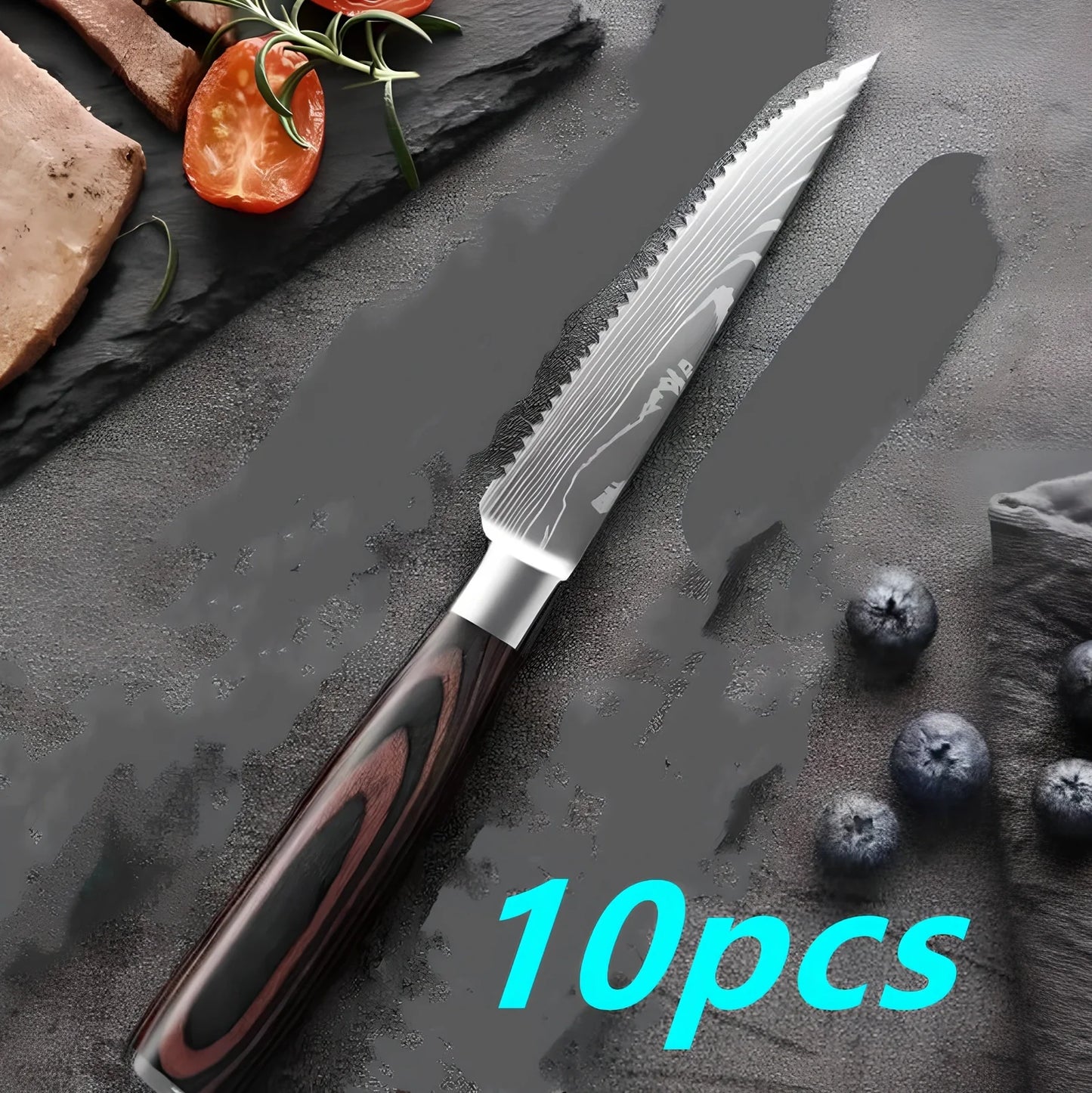 Coloured wooden handle steak knife with serrated stainless steel blade for cutting meats and fruits