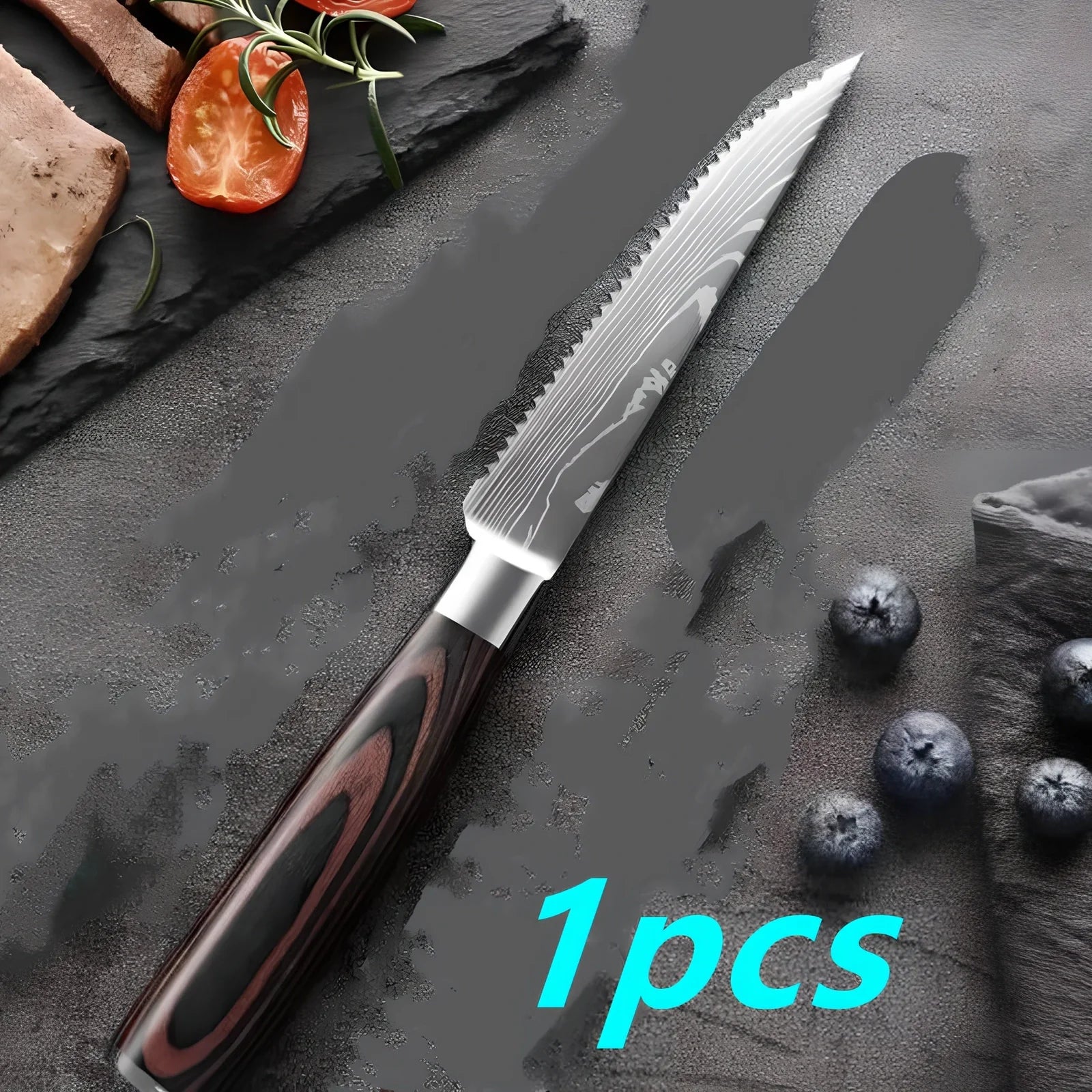 Coloured wooden handle steak knife with serrated stainless steel blade for cutting meats and fruits