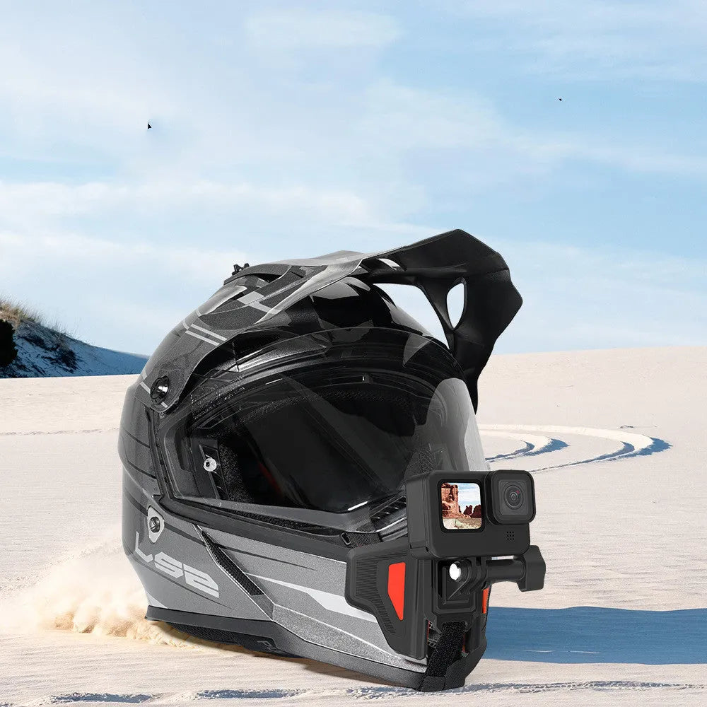 Black motorcycle helmet mount with silicone strap and stainless steel buckle for action cameras