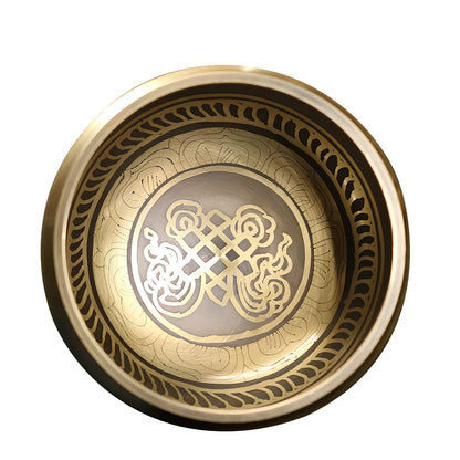 Copper meditation singing bowl with auspicious knot pattern and leather striker