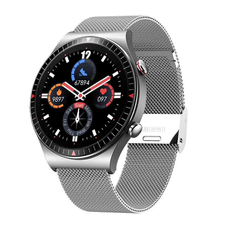 Black smartwatch with circular 1.28-inch touch screen on a silicone strap, displaying fitness metrics.