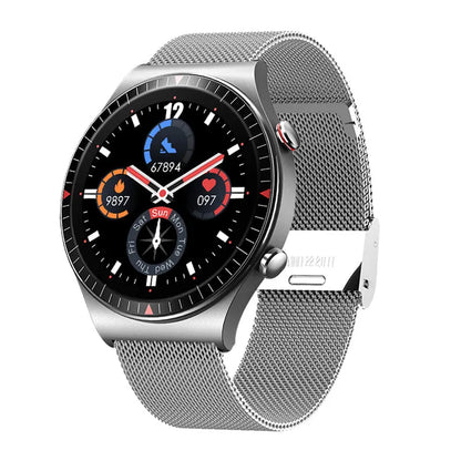 Black smartwatch with circular 1.28-inch touch screen on a silicone strap, displaying fitness metrics.