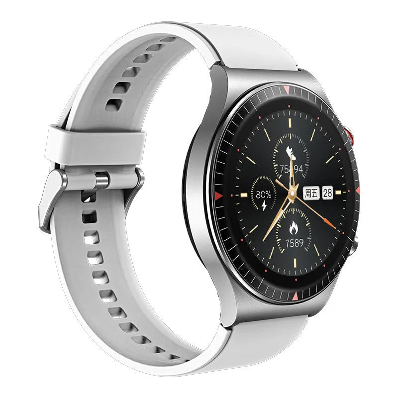 Black smartwatch with circular 1.28-inch touch screen on a silicone strap, displaying fitness metrics.