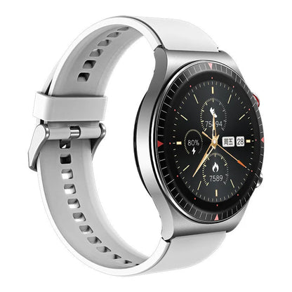 Black smartwatch with circular 1.28-inch touch screen on a silicone strap, displaying fitness metrics.