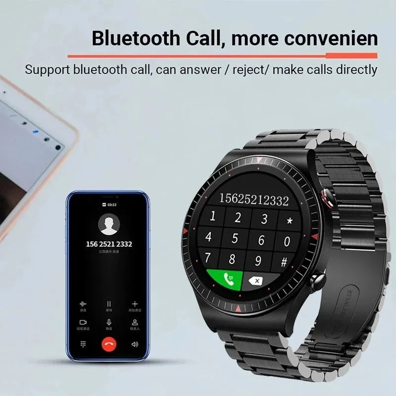 Black smartwatch with circular 1.28-inch touch screen on a silicone strap, displaying fitness metrics.