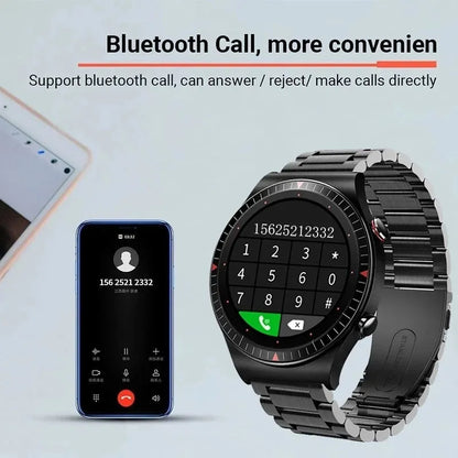 Black smartwatch with circular 1.28-inch touch screen on a silicone strap, displaying fitness metrics.