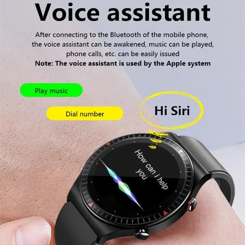 Black smartwatch with circular 1.28-inch touch screen on a silicone strap, displaying fitness metrics.