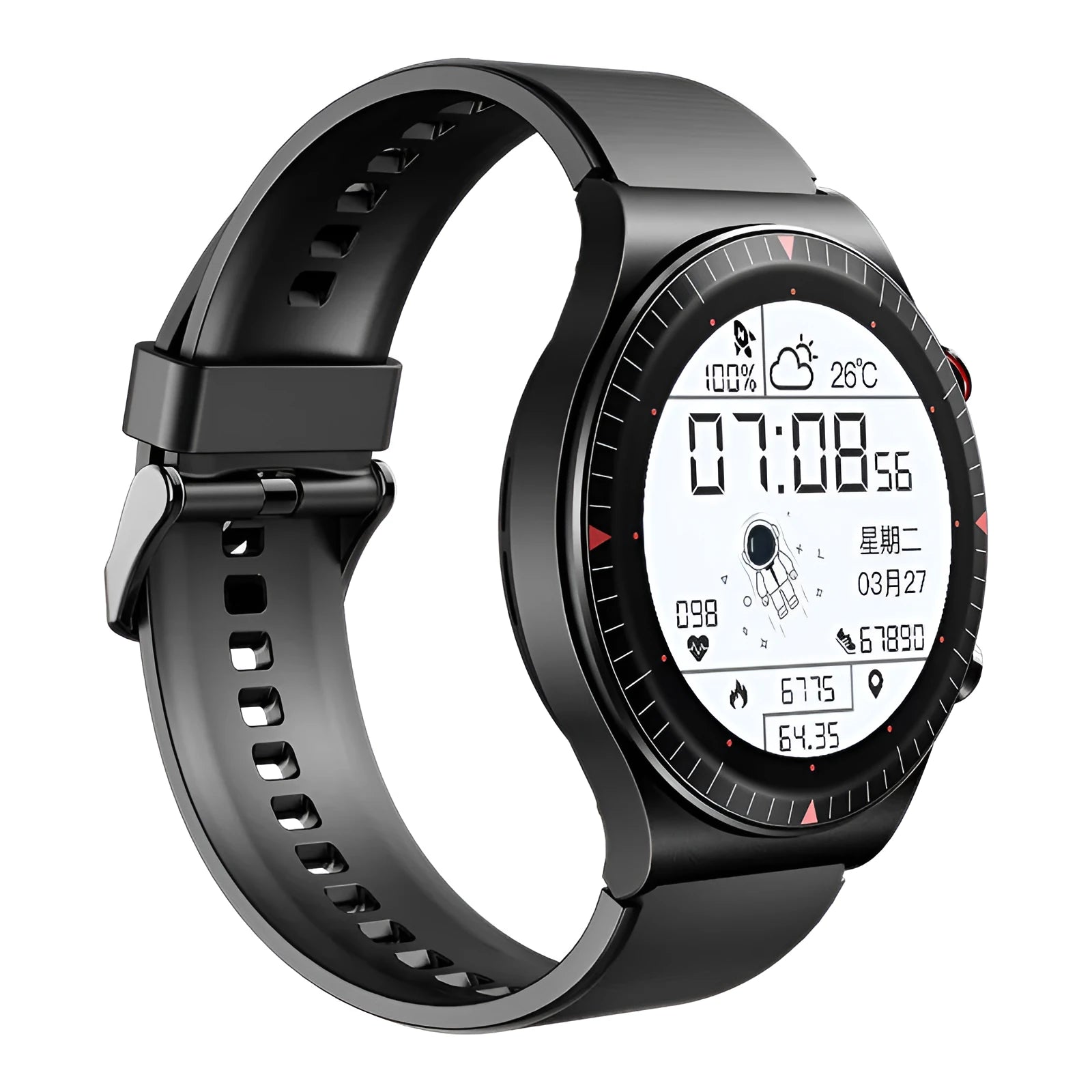 Black smartwatch with circular 1.28-inch touch screen on a silicone strap, displaying fitness metrics.