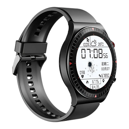 Black smartwatch with circular 1.28-inch touch screen on a silicone strap, displaying fitness metrics.