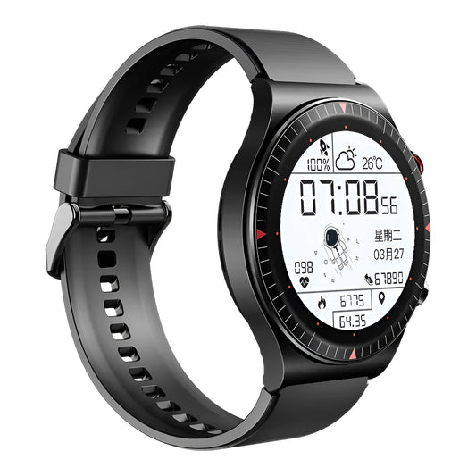 Black smartwatch with circular 1.28-inch touch screen on a silicone strap, displaying fitness metrics.
