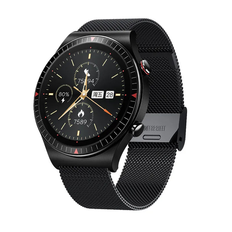 Black smartwatch with circular 1.28-inch touch screen on a silicone strap, displaying fitness metrics.
