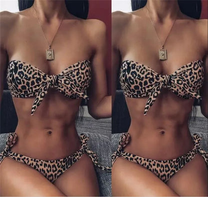 Women's leopard print bikini swimsuit with chest pad, available in sizes S to XL