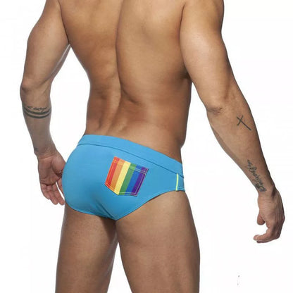 Men's rainbow pocket swim briefs with optional sponge enlargement pad in various colors