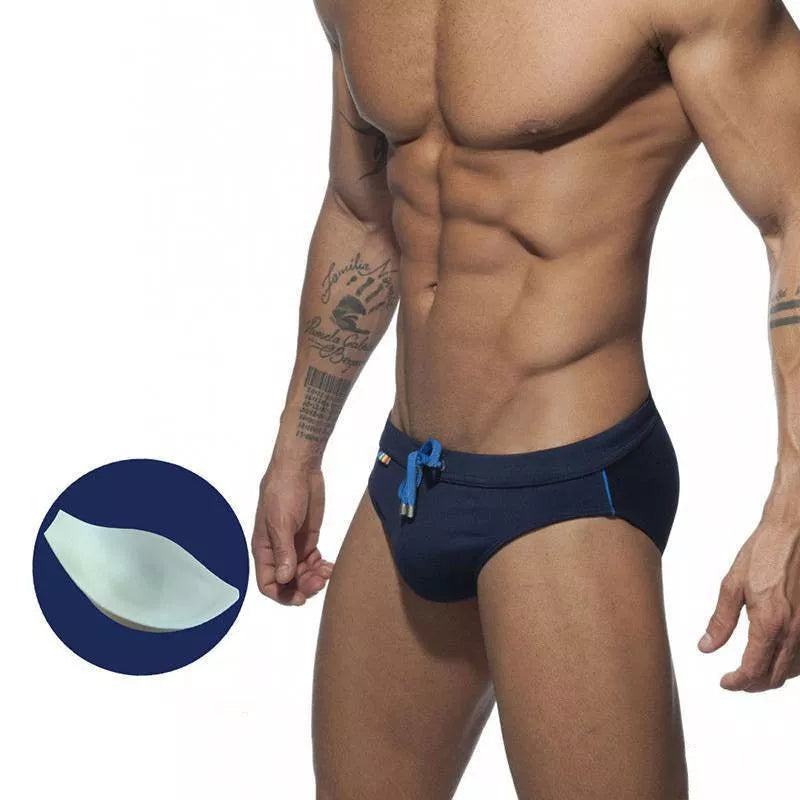 Men's rainbow pocket swim briefs with optional sponge enlargement pad in various colors