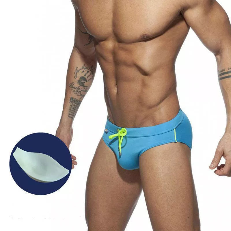 Men's rainbow pocket swim briefs with optional sponge enlargement pad in various colors