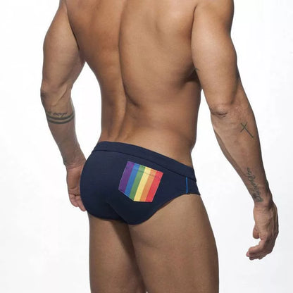 Men's rainbow pocket swim briefs with optional sponge enlargement pad in various colors
