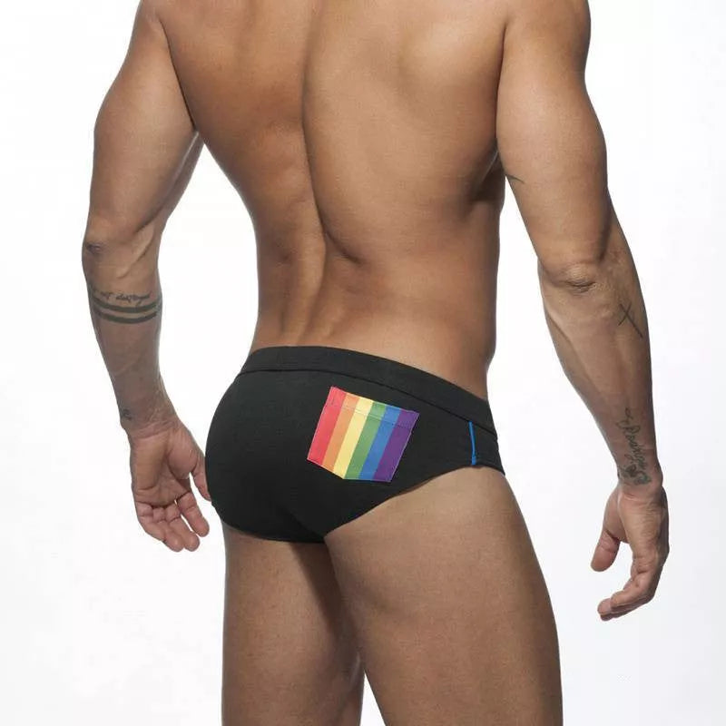 Men's rainbow pocket swim briefs with optional sponge enlargement pad in various colors