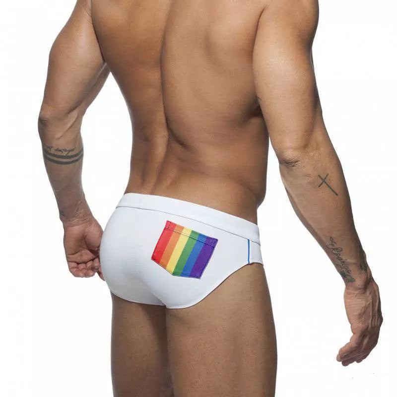 Men's rainbow pocket swim briefs with optional sponge enlargement pad in various colors