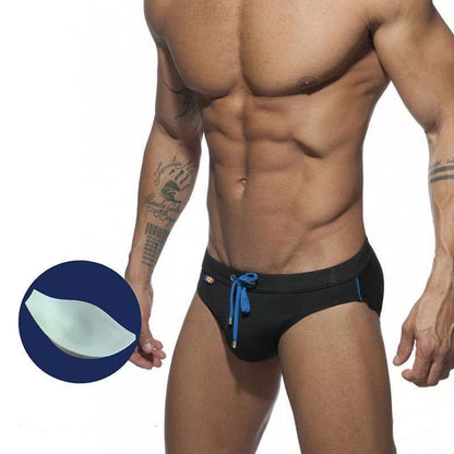 Men's rainbow pocket swim briefs with optional sponge enlargement pad in various colors
