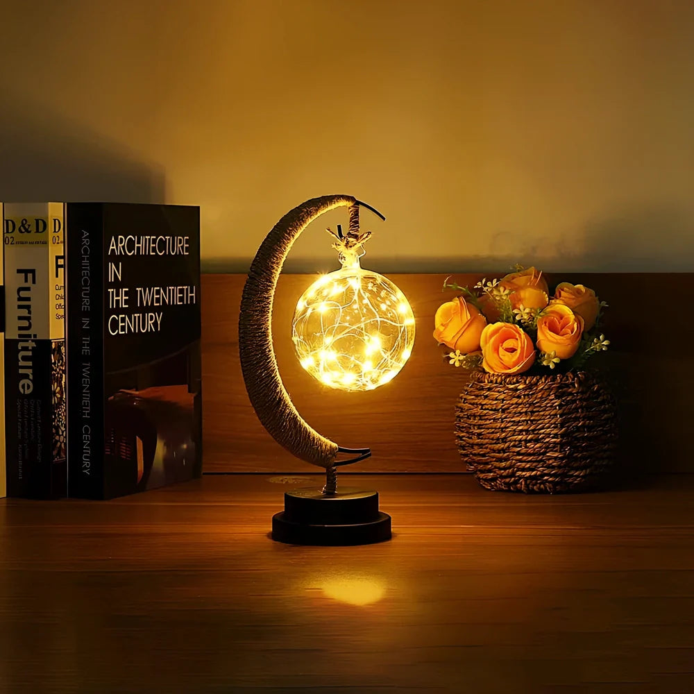 Star-shaped wrought iron LED decorative light with copper wire detailing and glass shell, measuring 280mm by 140mm by 130mm
