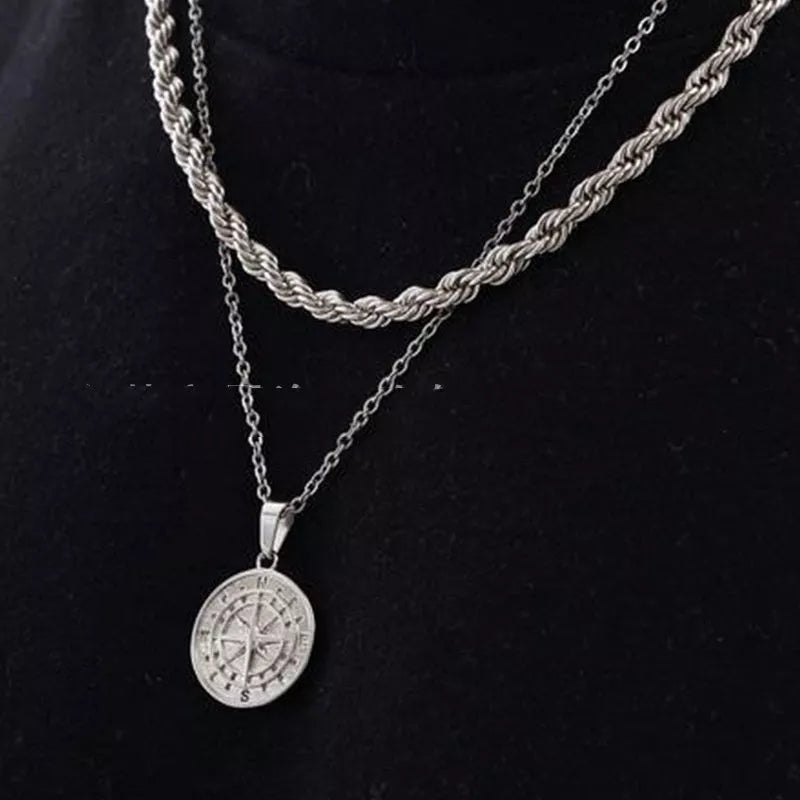 Stainless steel compass pendant and cross necklace with 53cm chain