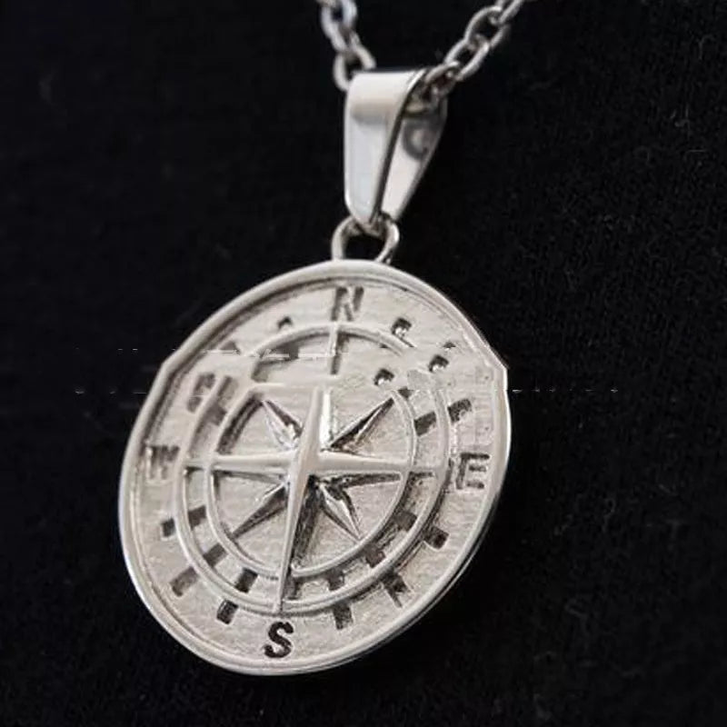 Stainless steel compass pendant and cross necklace with 53cm chain