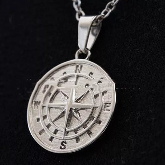 Stainless steel compass pendant and cross necklace with 53cm chain