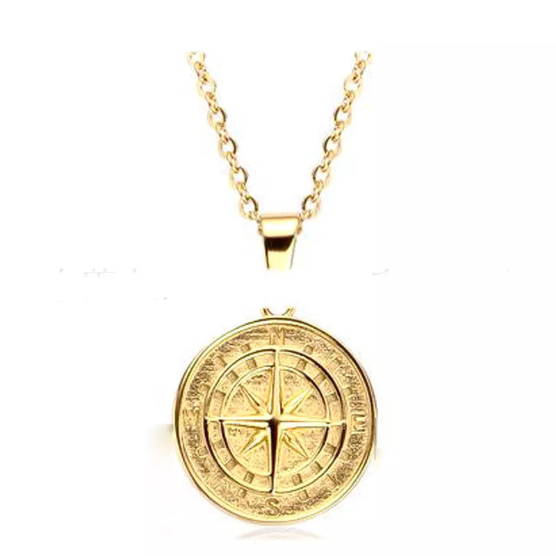 Stainless steel compass pendant and cross necklace with 53cm chain