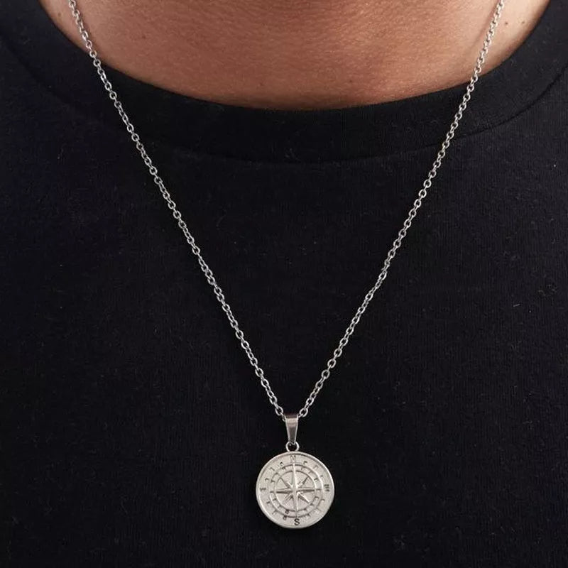 Stainless steel compass pendant and cross necklace with 53cm chain