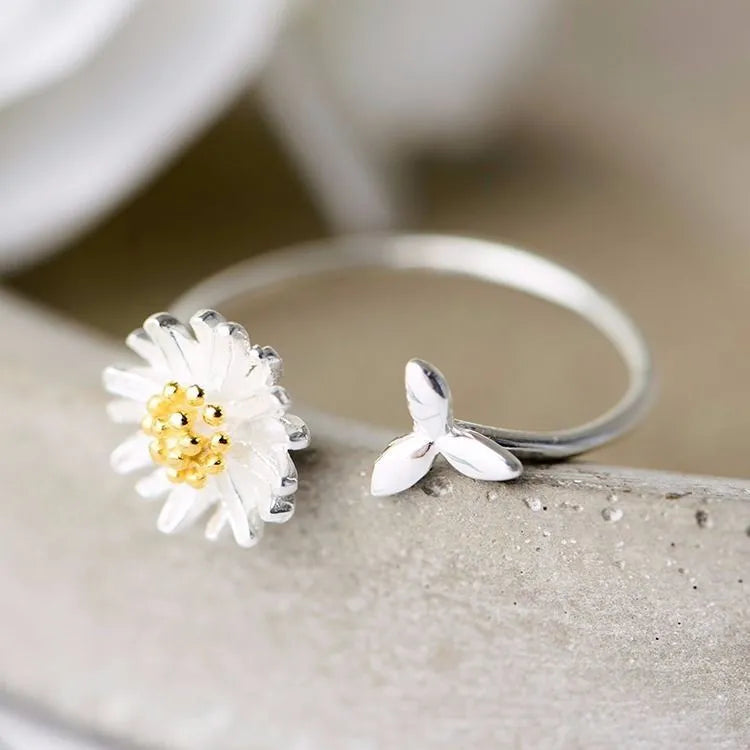 CIAXY 925 sterling silver adjustable flower ring for women with silver sunflower design