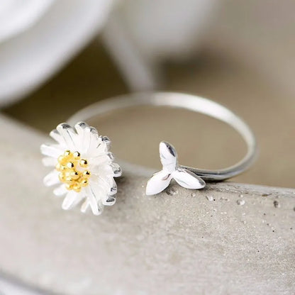 CIAXY 925 sterling silver adjustable flower ring for women with silver sunflower design