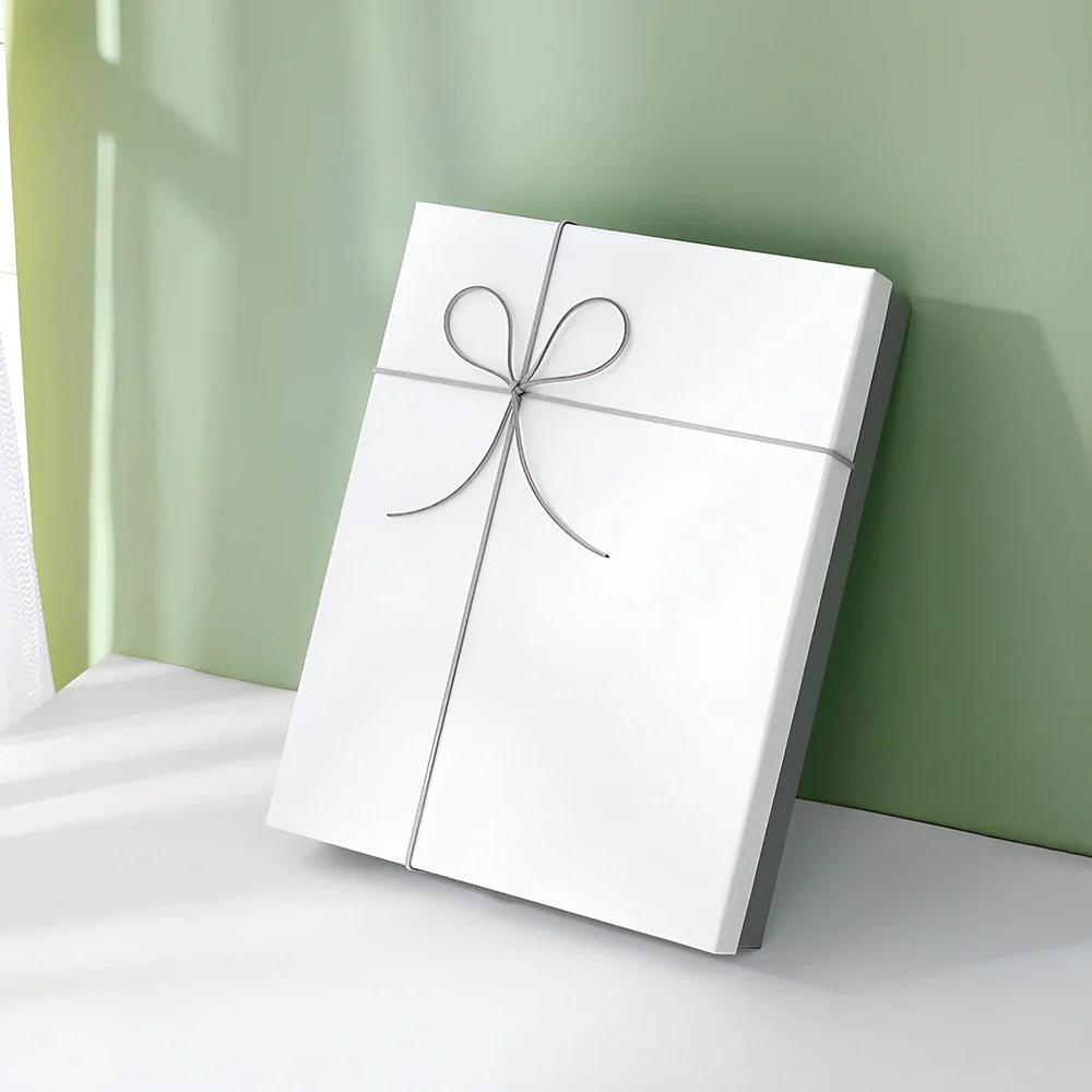 Rectangular gift box showing blue cover with white background, demonstrating thick cardboard construction and clean edges