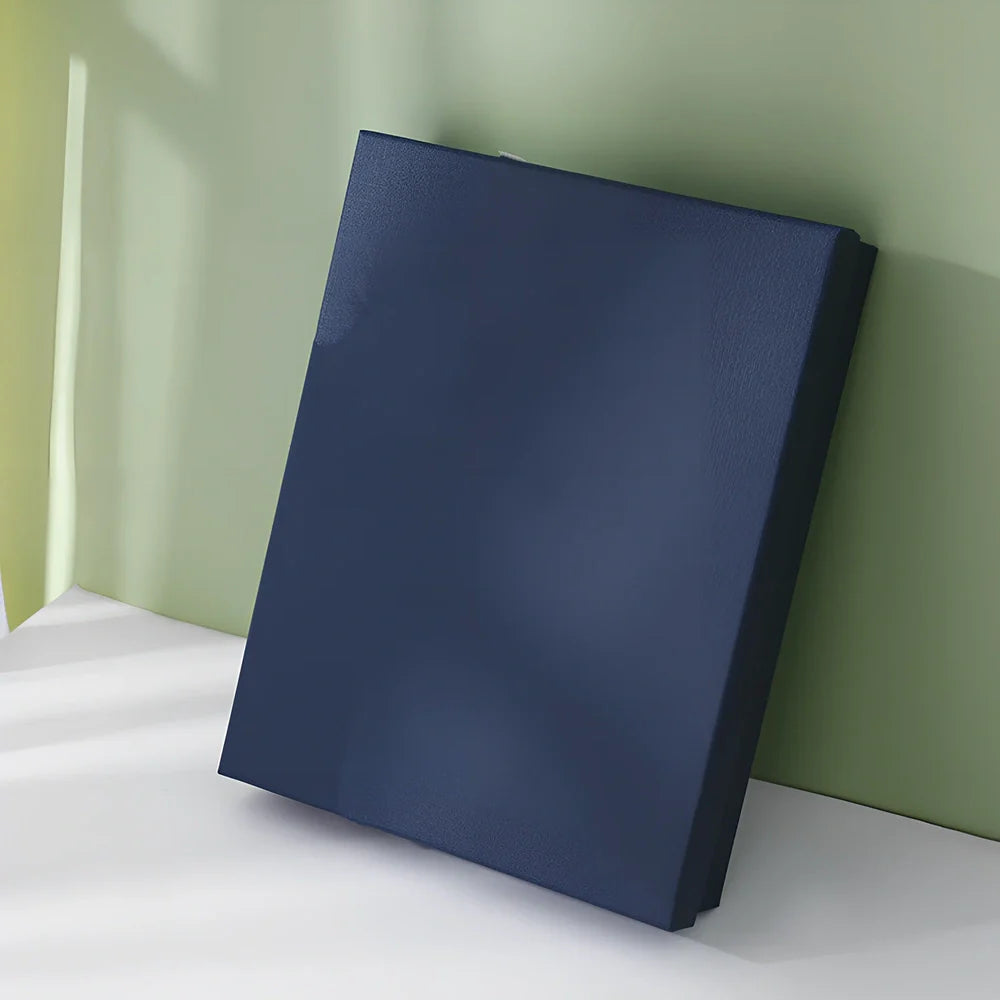 Rectangular gift box showing blue cover with white background, demonstrating thick cardboard construction and clean edges