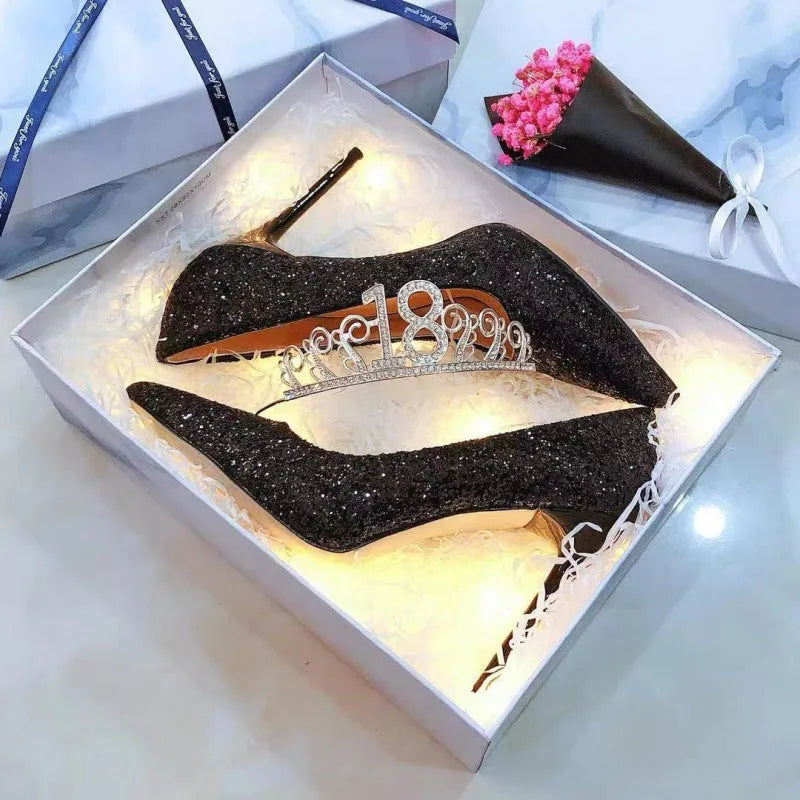 Women's wedding shoes with PU upper in black and silver, heel heights 3cm 7cm 9cm, sizes 34-40