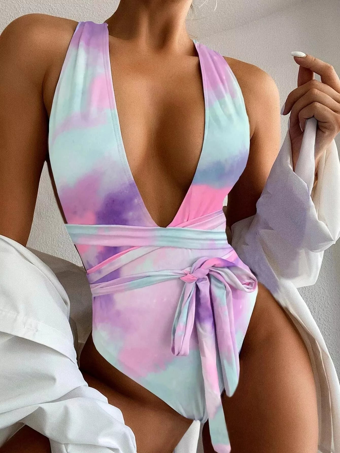 Multicolor one-piece bikini swimsuit for women, available in white, pink, purple, and green