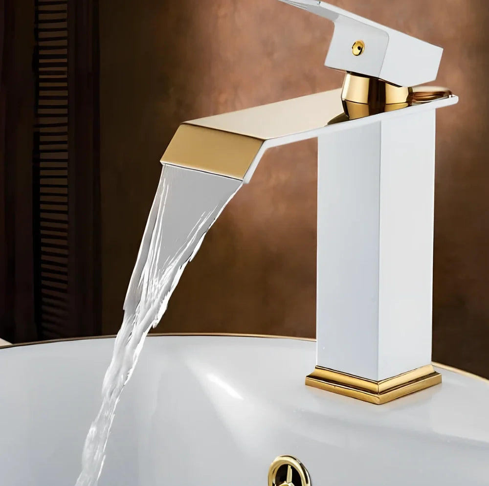 All-copper brass basin faucet in white and gold with induction sensor and waterfall spout, 25cm tall variant