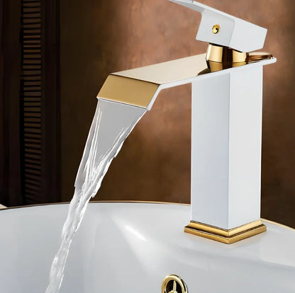 All-copper brass basin faucet in white and gold with induction sensor and waterfall spout, 25cm tall variant