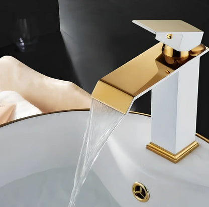 All-copper brass basin faucet in white and gold with induction sensor and waterfall spout, 25cm tall variant