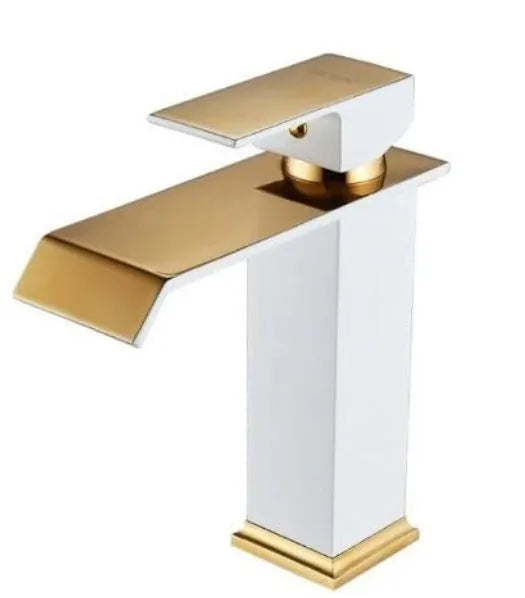 Black and white waterfall basin faucet with gold finish and induction sensor
