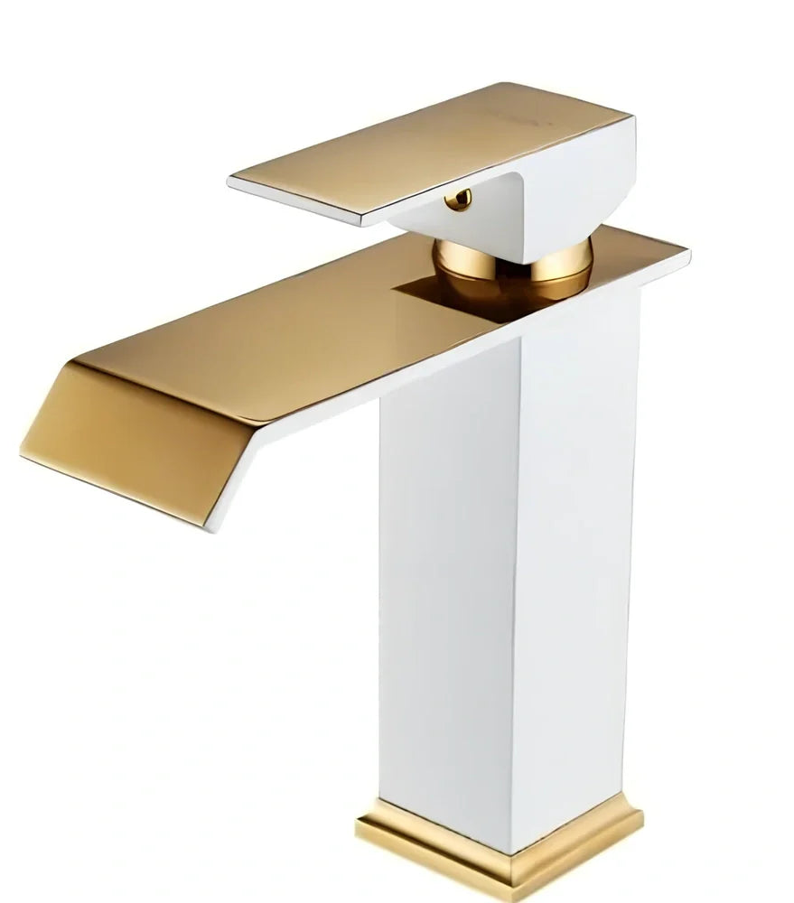 All-copper brass basin faucet in white and gold with induction sensor and waterfall spout, 25cm tall variant
